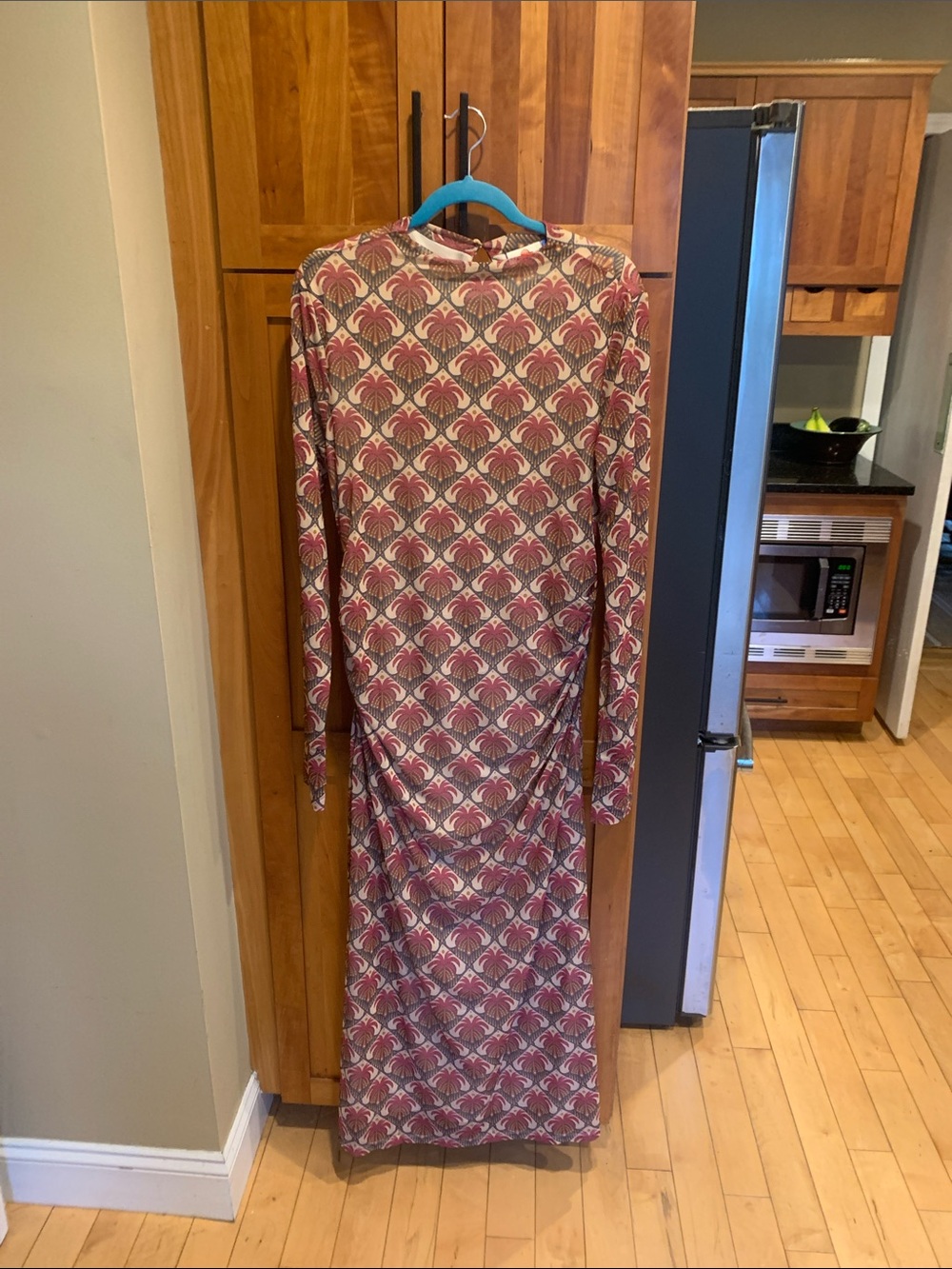 Long Sleeve Rust/Tan/Maroon Patterned Farm Rio Mesh/Rouched Maxi Dress